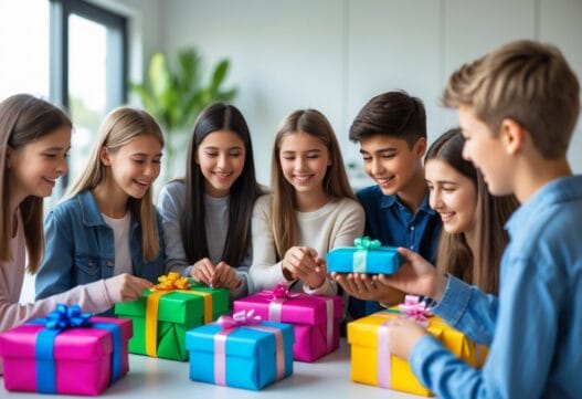 Farverig gaveidé til 13-årige, inkluderer legetøj, bøger og gadgets, perfekt til fødselsdag eller jubilæum.